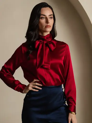 Tie-Neck Satin Blouse – Wine Red